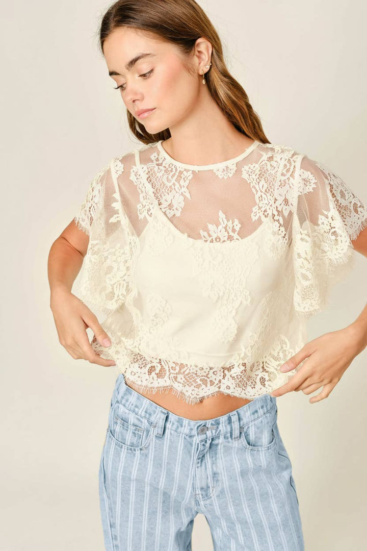 SHORT SLEEVE LACE SHEER TOP