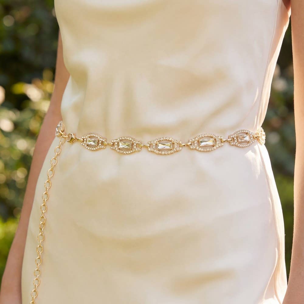 Gold Crystal Baguette &amp; Rhinestone Oval Link Chain Belt
