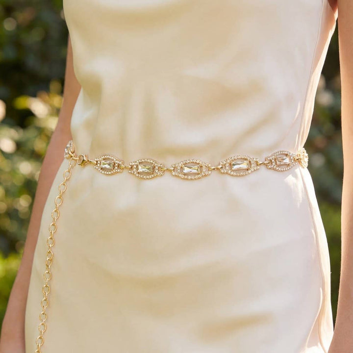 Gold Crystal Baguette &amp; Rhinestone Oval Link Chain Belt
