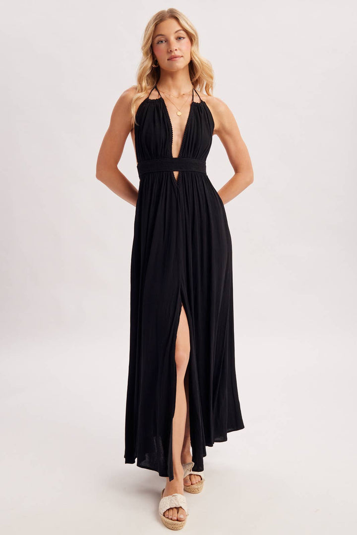 A CRINKLY CREPE DEEP V-NECK HALTER MAXI SUNDRESS