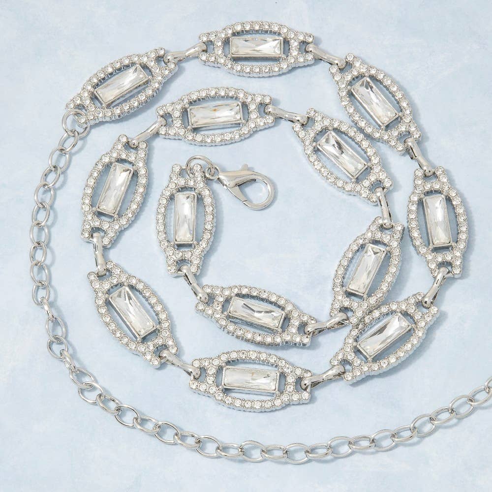 Gold Crystal Baguette &amp; Rhinestone Oval Link Chain Belt