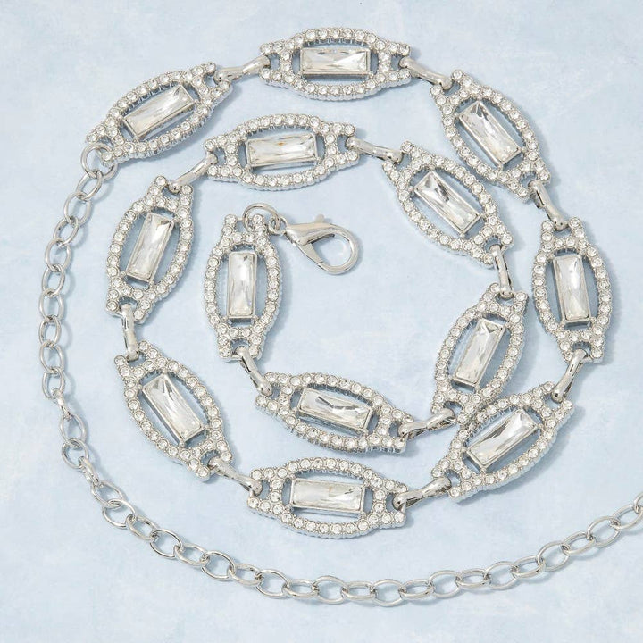 Gold Crystal Baguette &amp; Rhinestone Oval Link Chain Belt