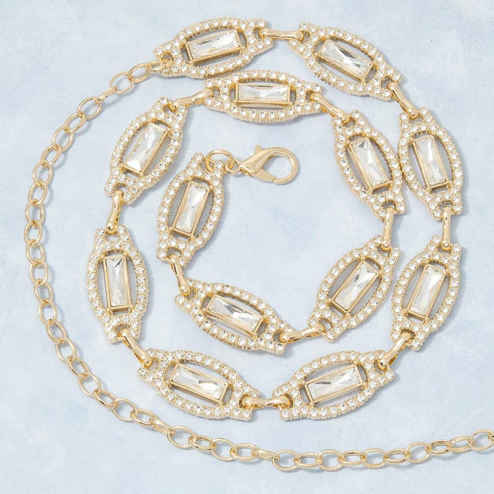 Gold Crystal Baguette &amp; Rhinestone Oval Link Chain Belt