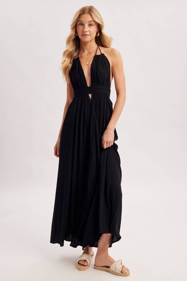 A CRINKLY CREPE DEEP V-NECK HALTER MAXI SUNDRESS