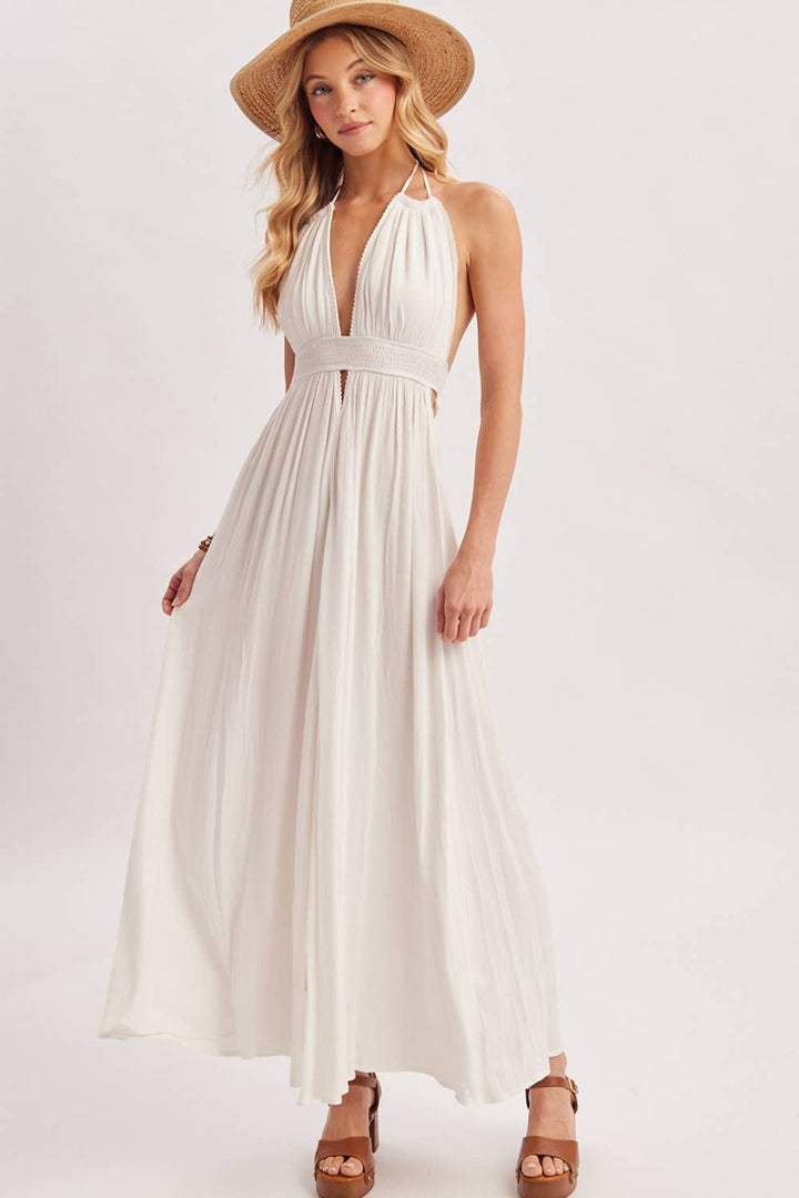 A CRINKLY CREPE DEEP V-NECK HALTER MAXI SUNDRESS
