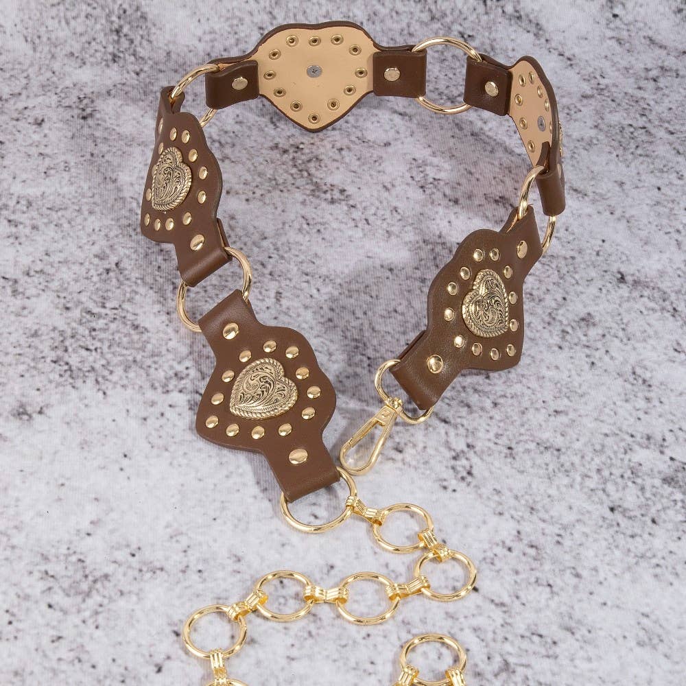 Filigree Heart Faux Leather Panels Chain Belt