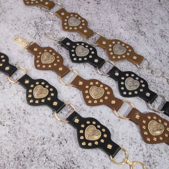Filigree Heart Faux Leather Panels Chain Belt