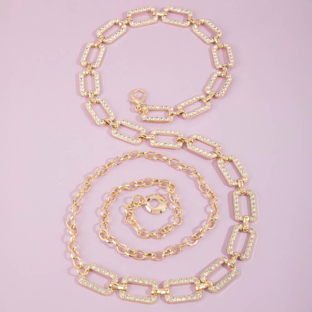 Pave Crystal Rectangle Link Chain Belt
