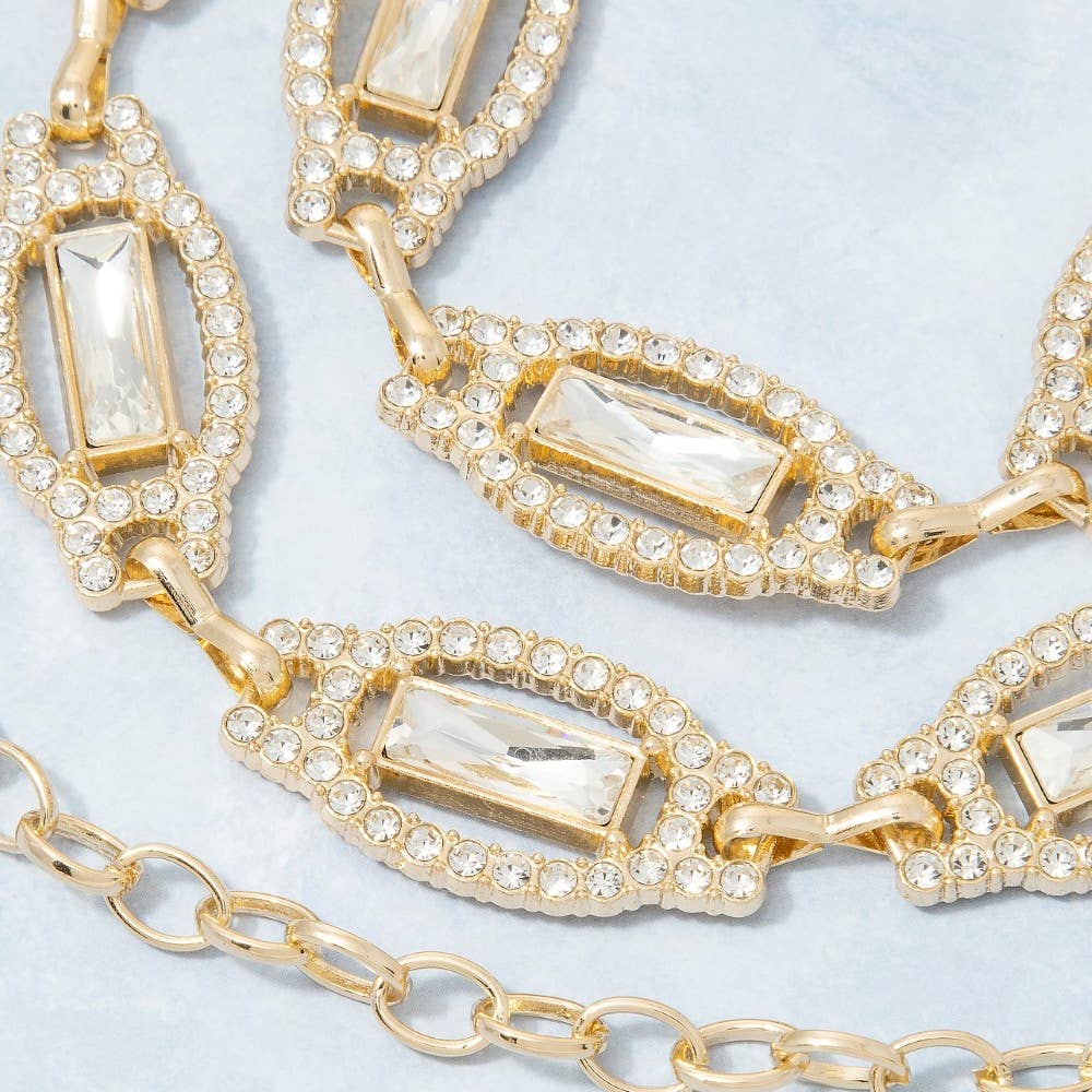 Gold Crystal Baguette &amp; Rhinestone Oval Link Chain Belt