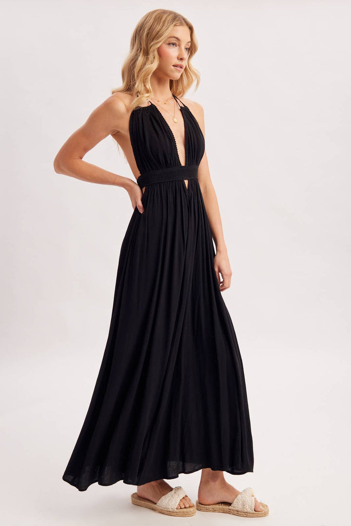 A CRINKLY CREPE DEEP V-NECK HALTER MAXI SUNDRESS