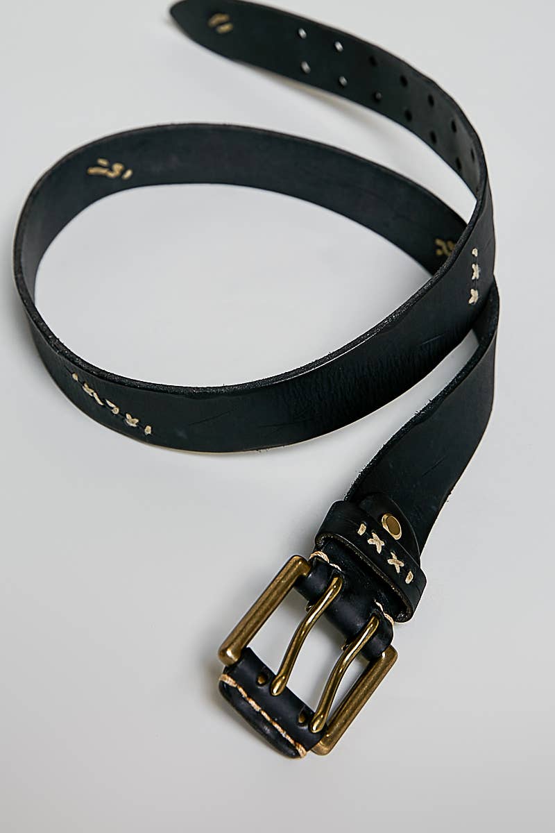 Vintage-Inspired Rugged Hardware Detail Genuine Leather Belt