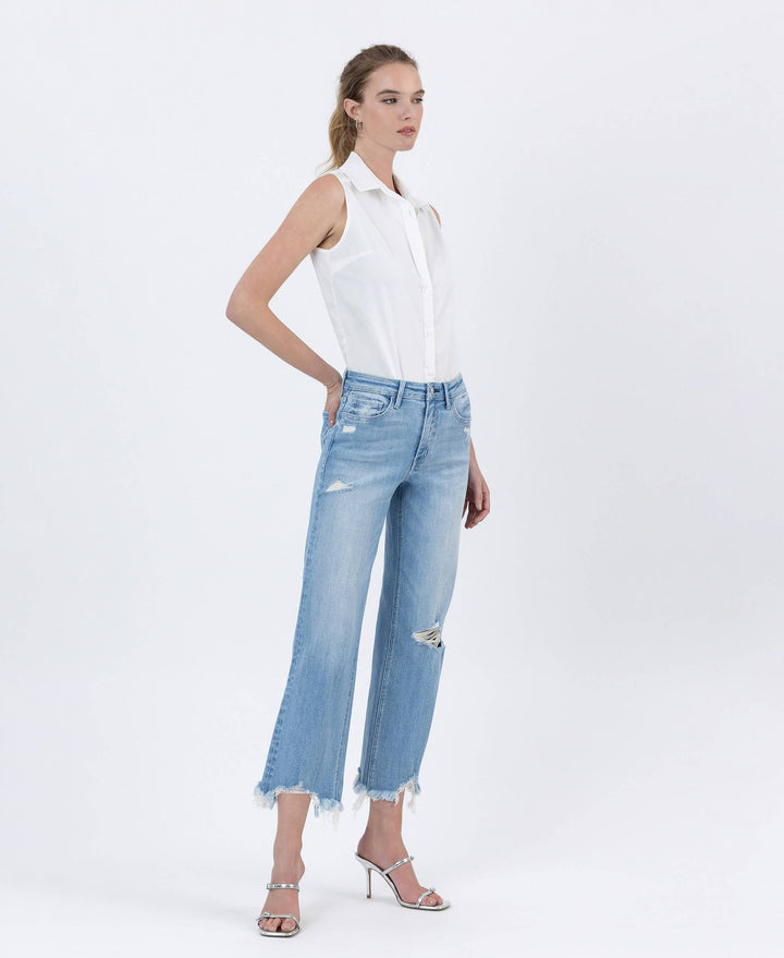 HIGH RISE DISTRESSED CROP SLIM WIDE JEANS