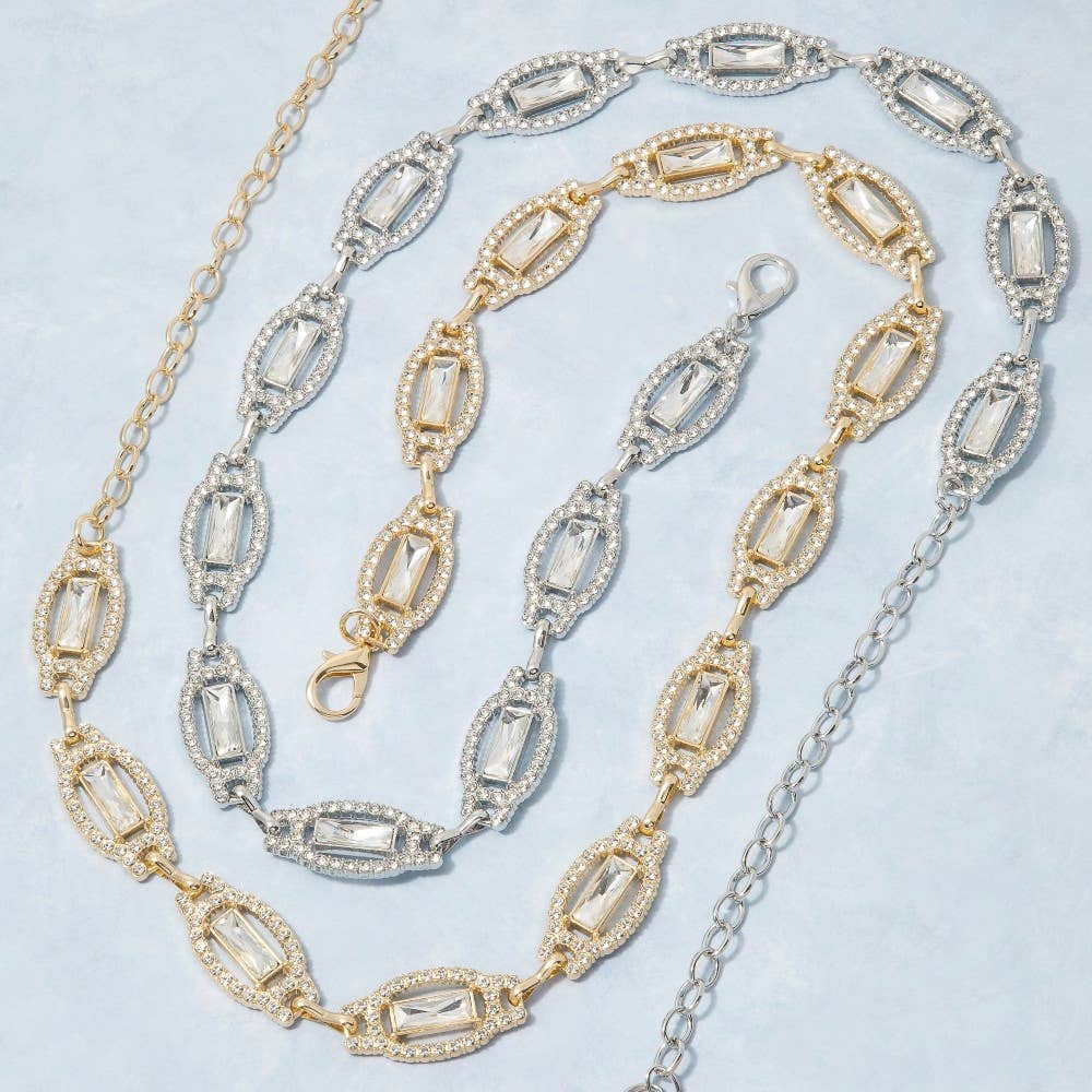Gold Crystal Baguette &amp; Rhinestone Oval Link Chain Belt