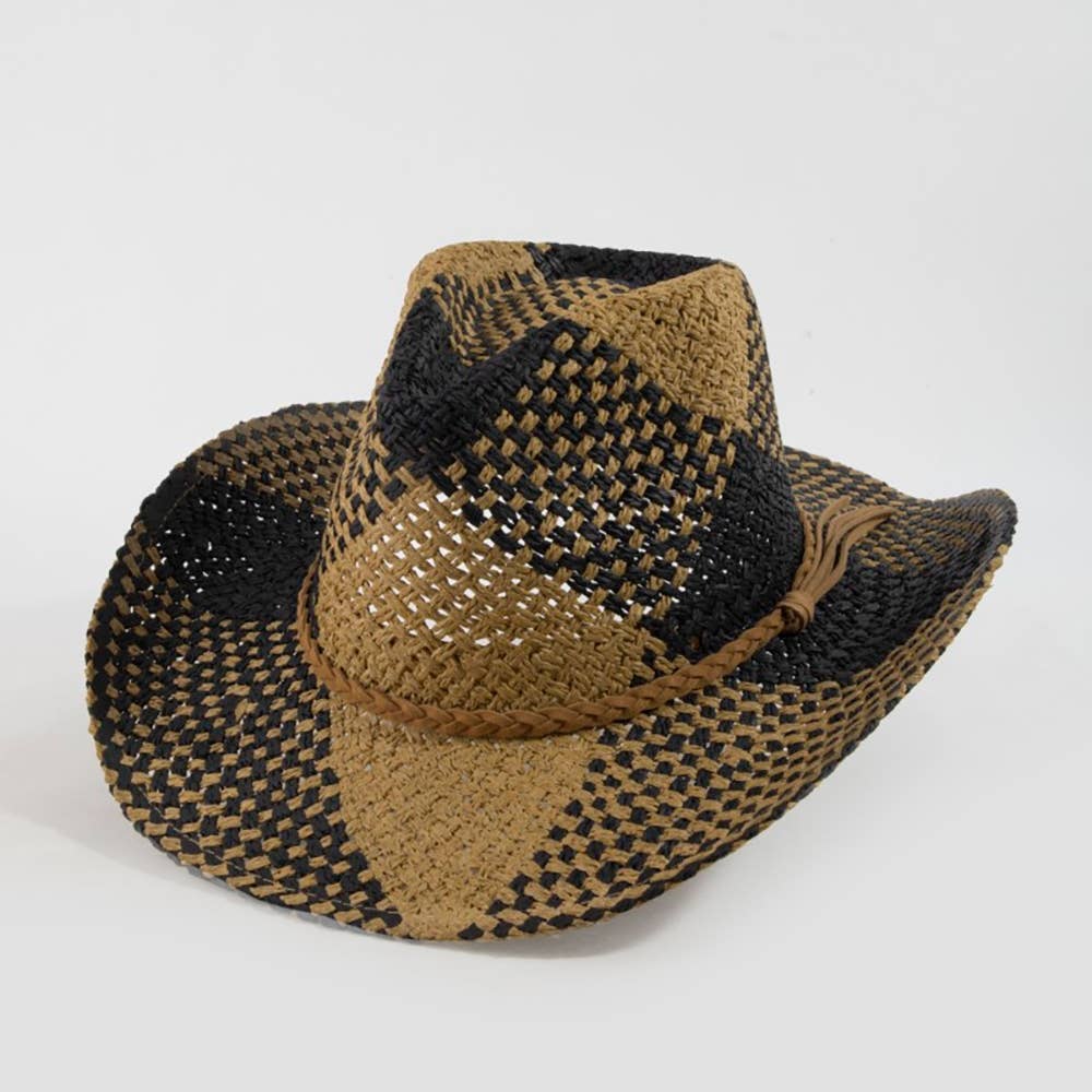 Two Tone Straw Braided Patches Cowboy Hat