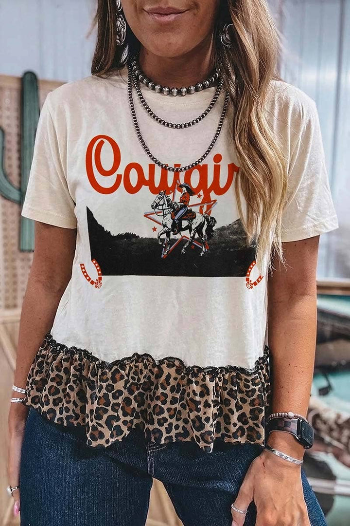 Cowgirl T-Shirt with leopard ruffle trim