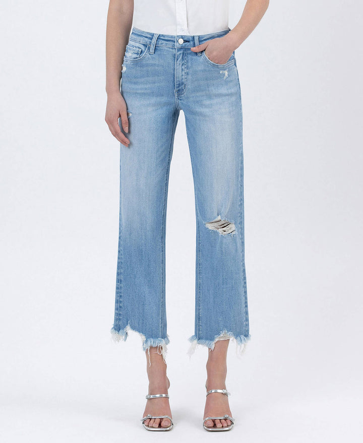 HIGH RISE DISTRESSED CROP SLIM WIDE JEANS