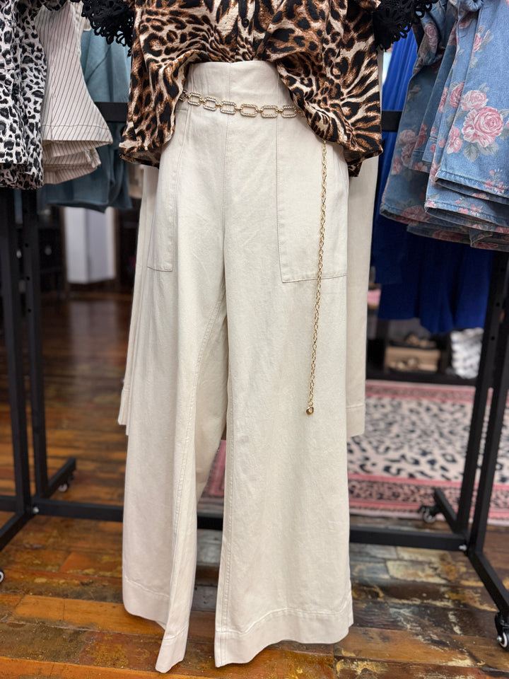 Bone colored, wide leg, elastic back pants