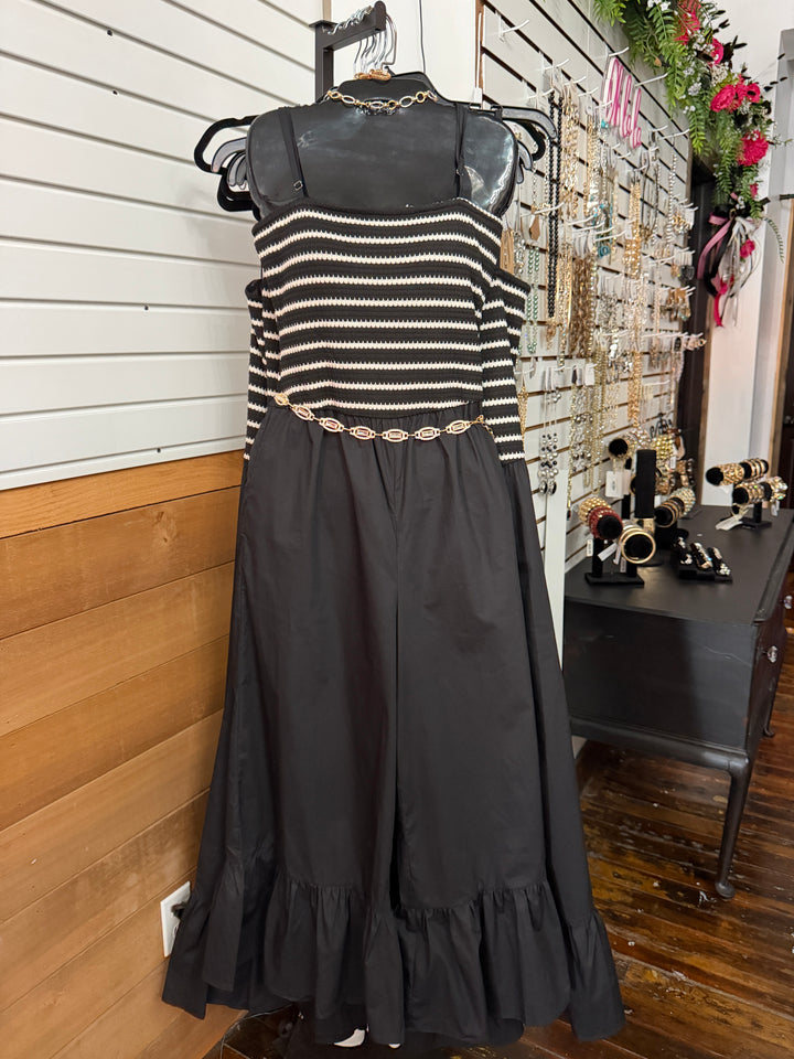 Striped crochet knit ruffle bottom jumpsuit