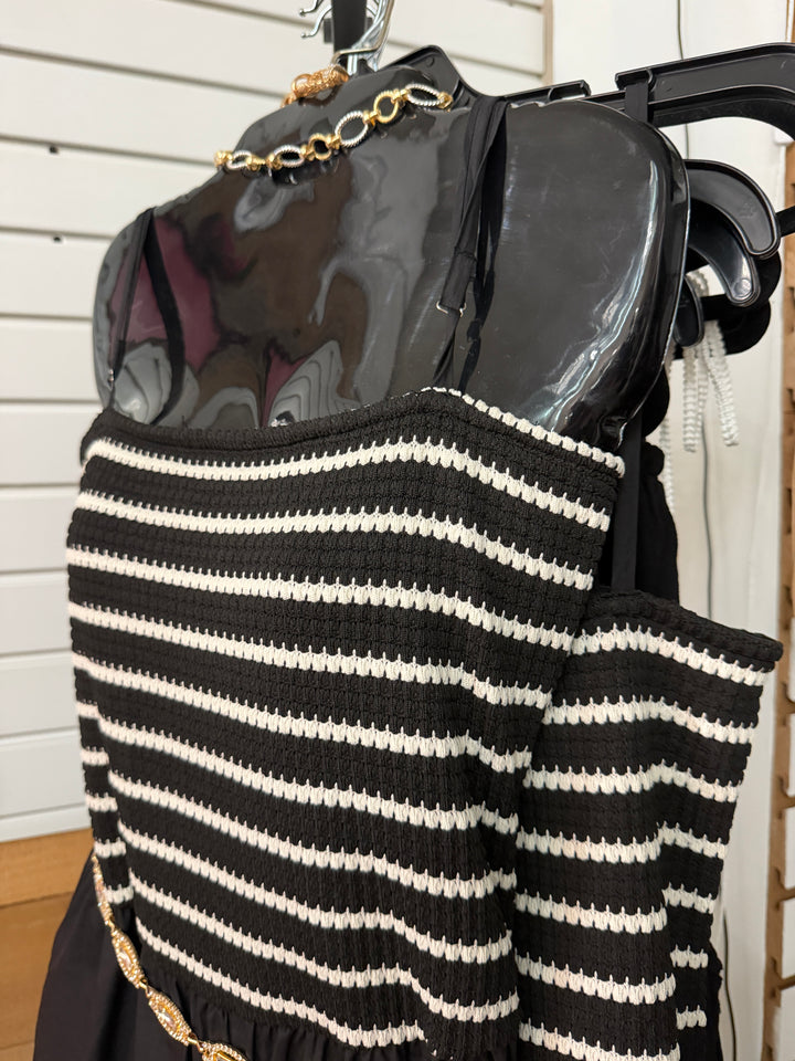 Striped crochet knit ruffle bottom jumpsuit