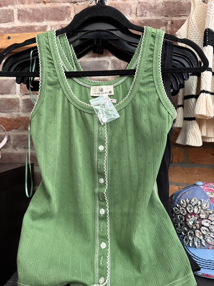 Ribbed cotton button-front Picot trim tank