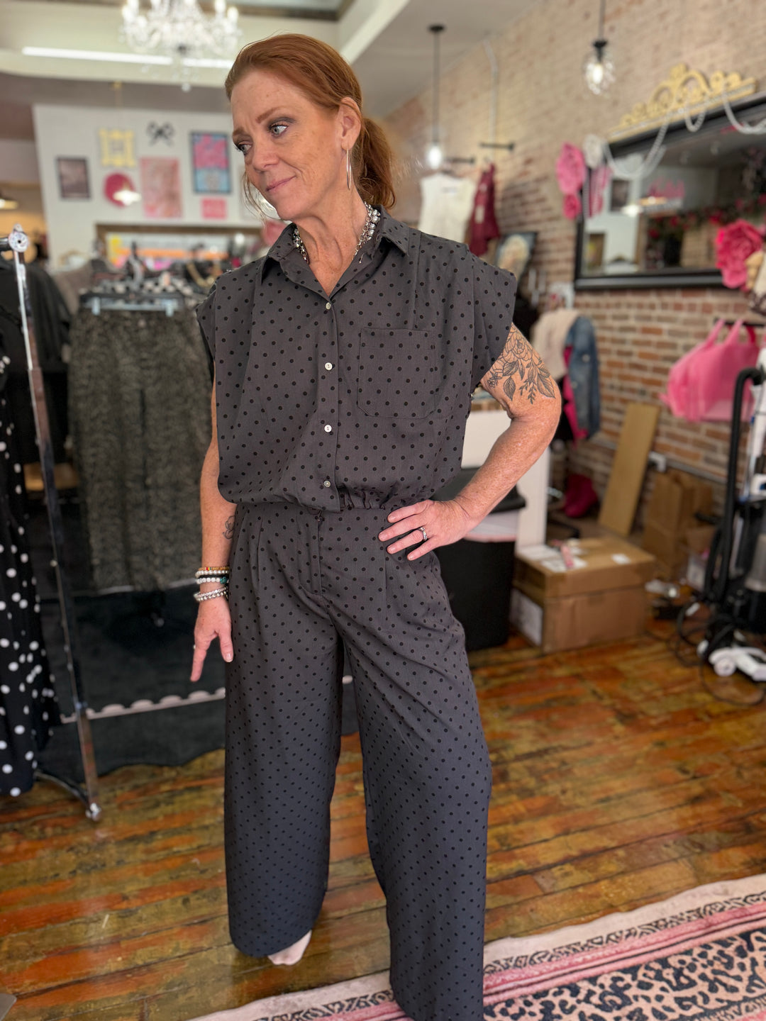 Charcoal polka dot set