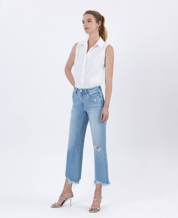 HIGH RISE DISTRESSED CROP SLIM WIDE JEANS