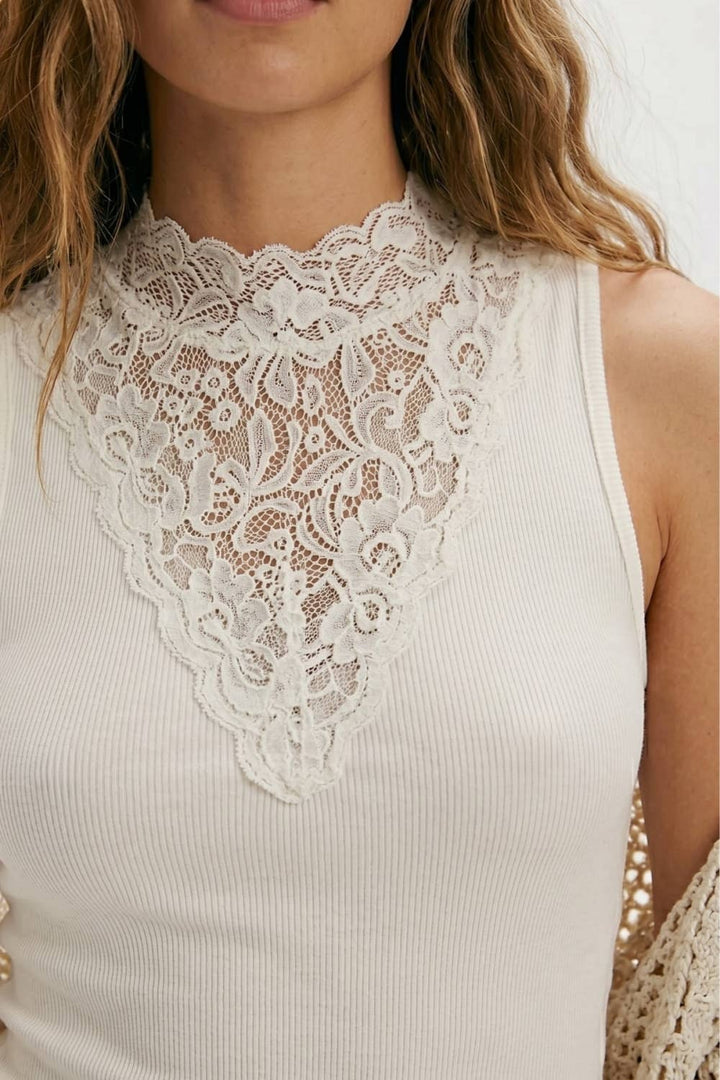 LACE MOCK NECK RIBBED KNIT TANK TOP