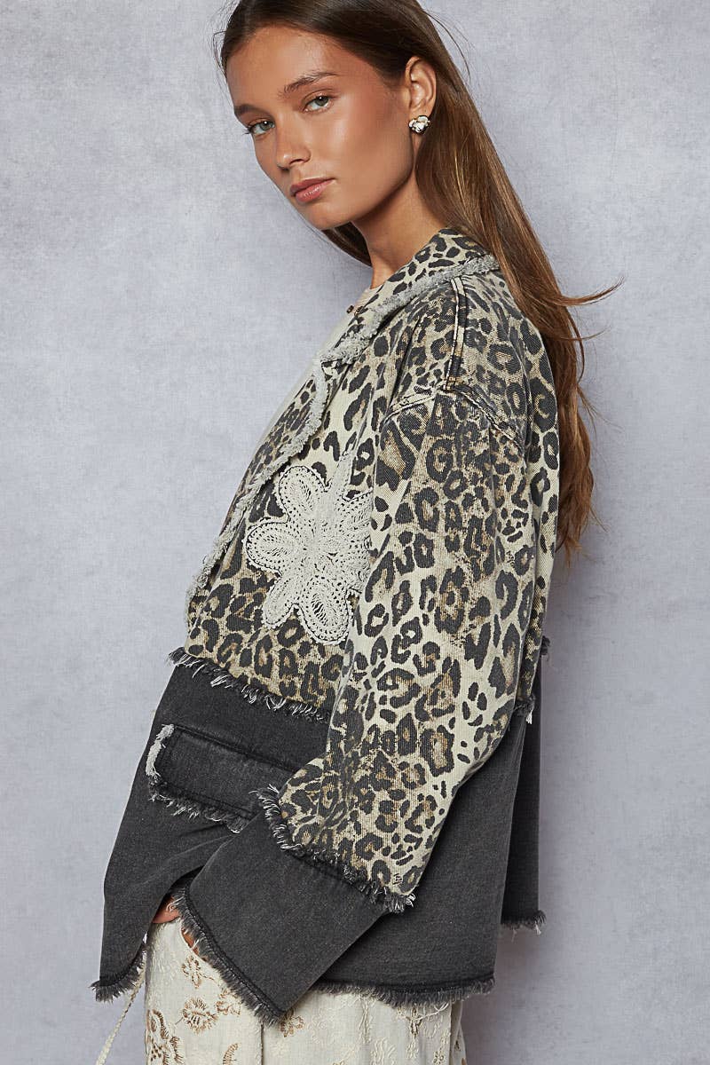 Crochet patch leopard printed twill woven blazer/jacket