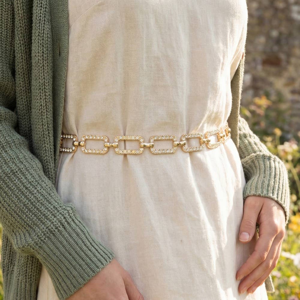 Pave Crystal Rectangle Link Chain Belt