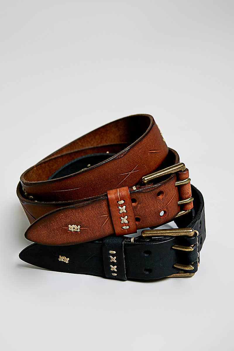 Vintage-Inspired Rugged Hardware Detail Genuine Leather Belt