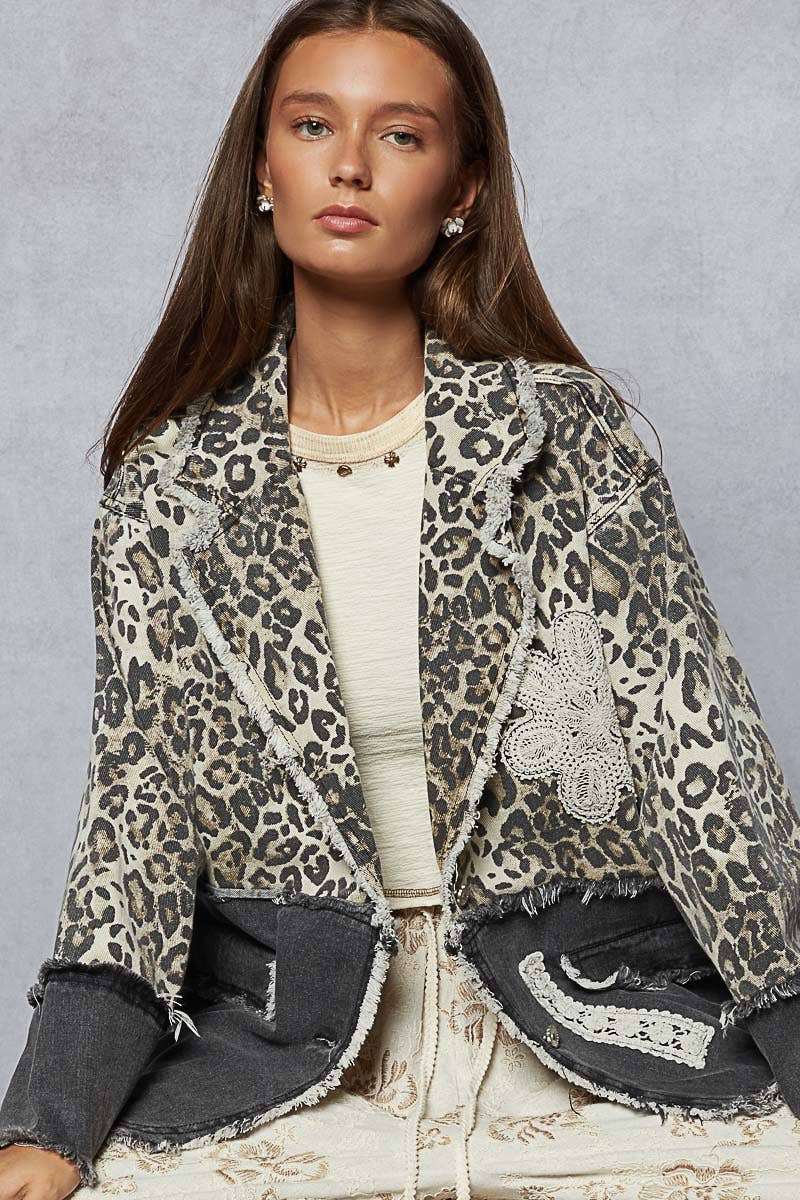 Crochet patch leopard printed twill woven blazer/jacket