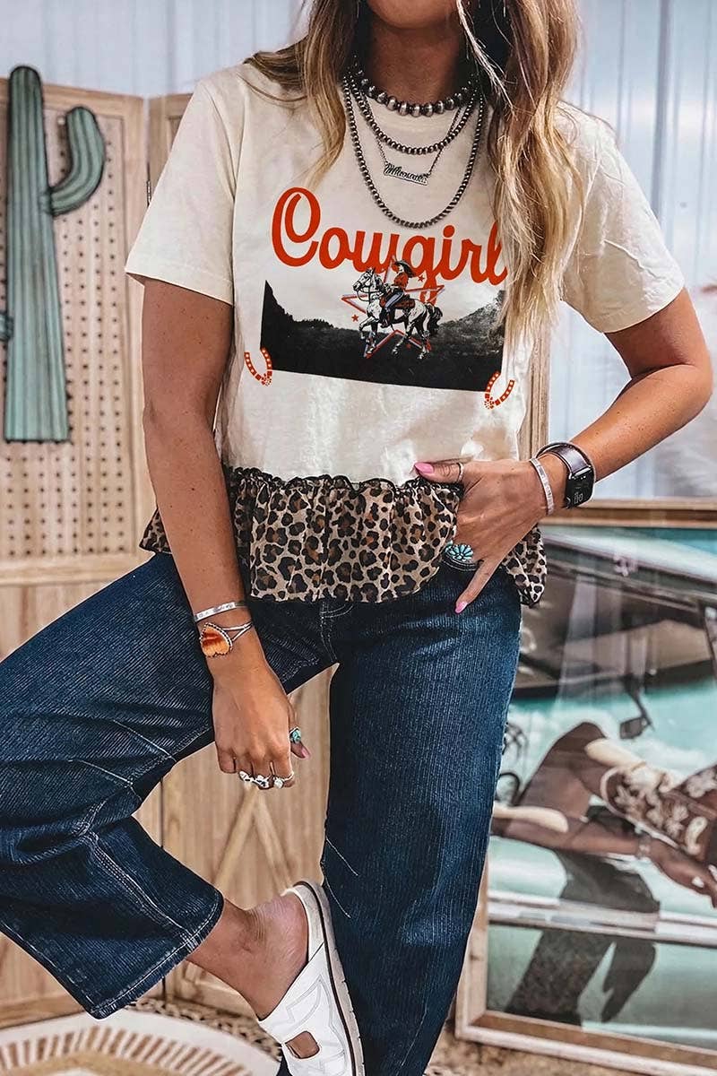 Cowgirl T-Shirt with leopard ruffle trim