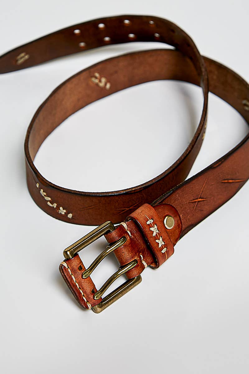 Vintage-Inspired Rugged Hardware Detail Genuine Leather Belt