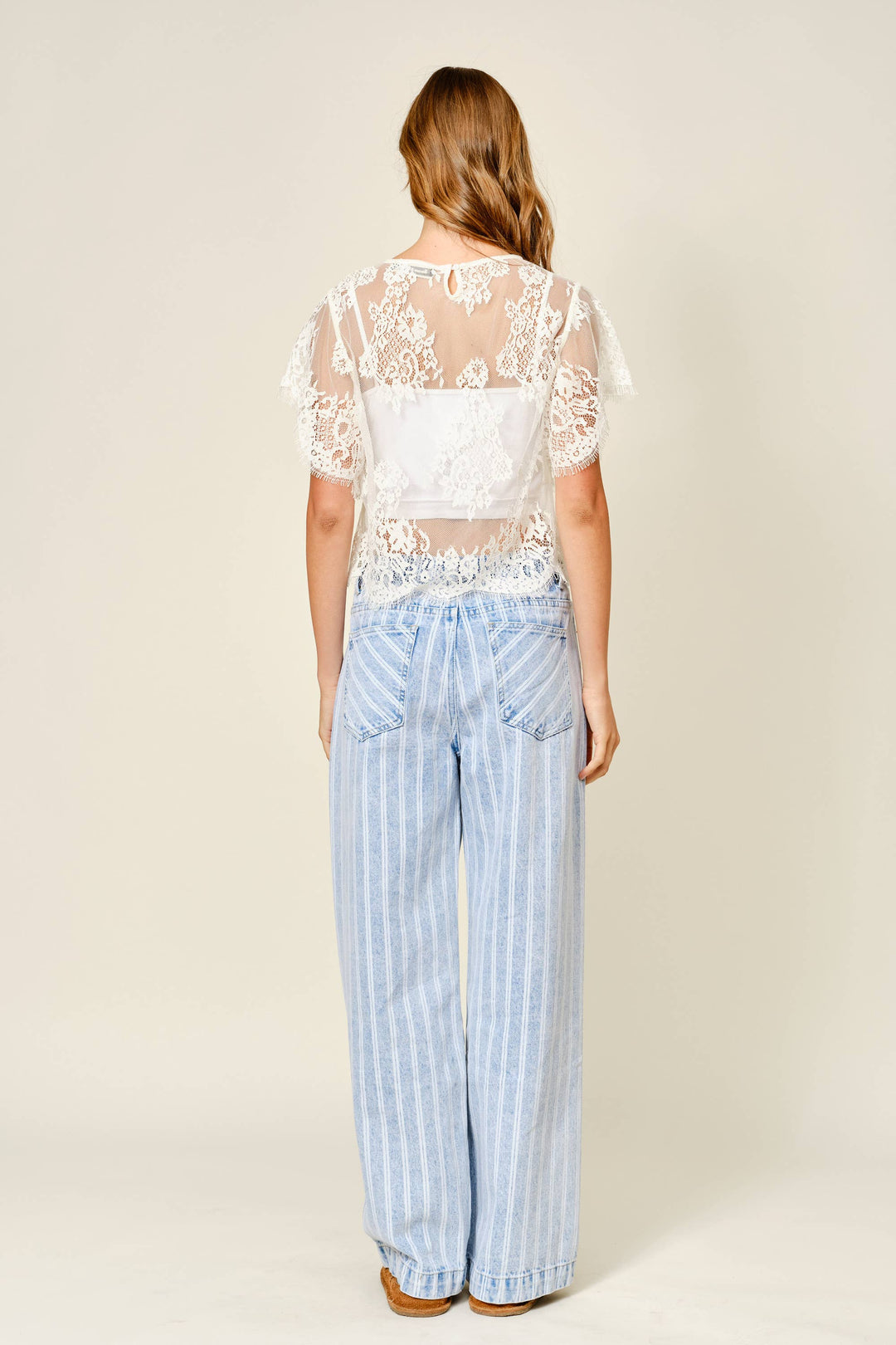 SHORT SLEEVE LACE SHEER TOP