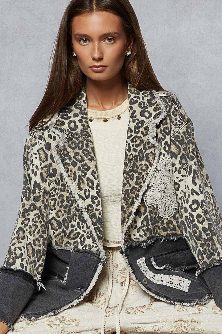 Crochet patch leopard printed twill woven blazer/jacket