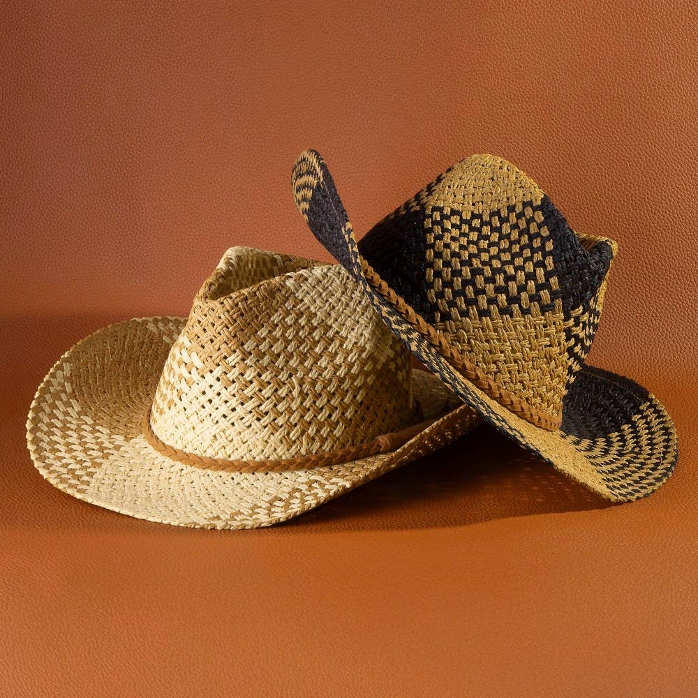 Two Tone Straw Braided Patches Cowboy Hat