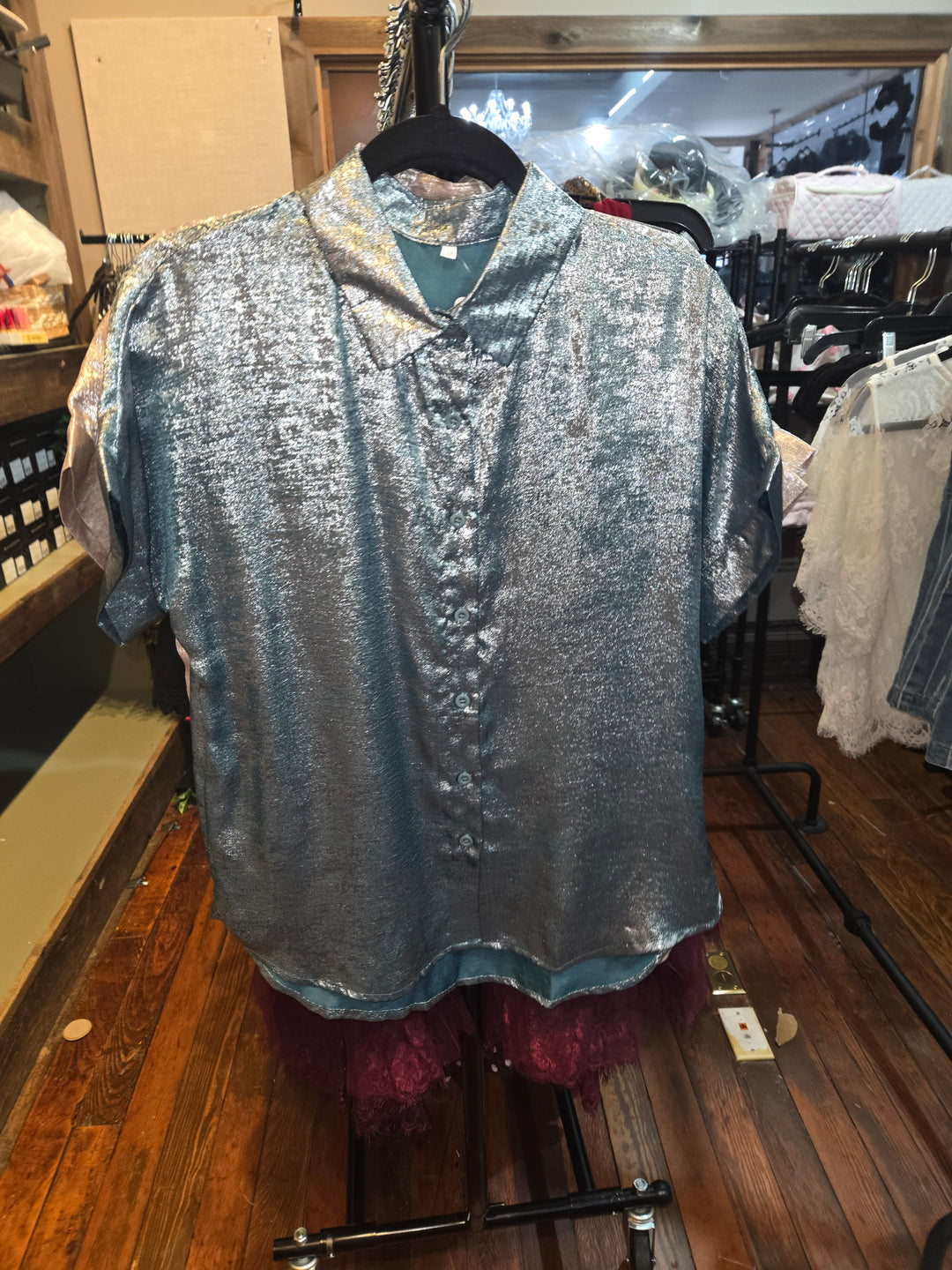 Button up metallic collared dress shirts
