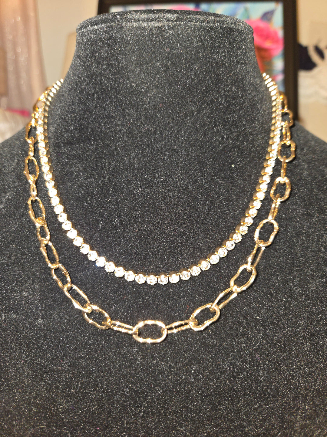 Gold rhinestone and gold chain necklace 16 to 18 in