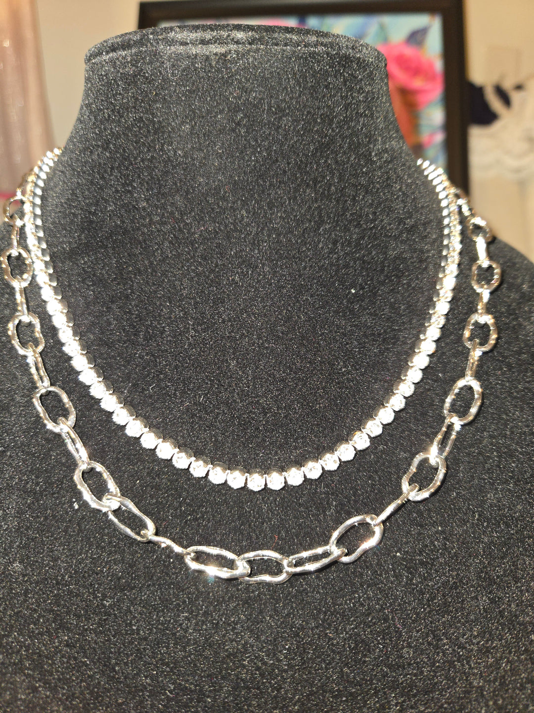 Silver rhinestone and chain double layered 16 to 18 in