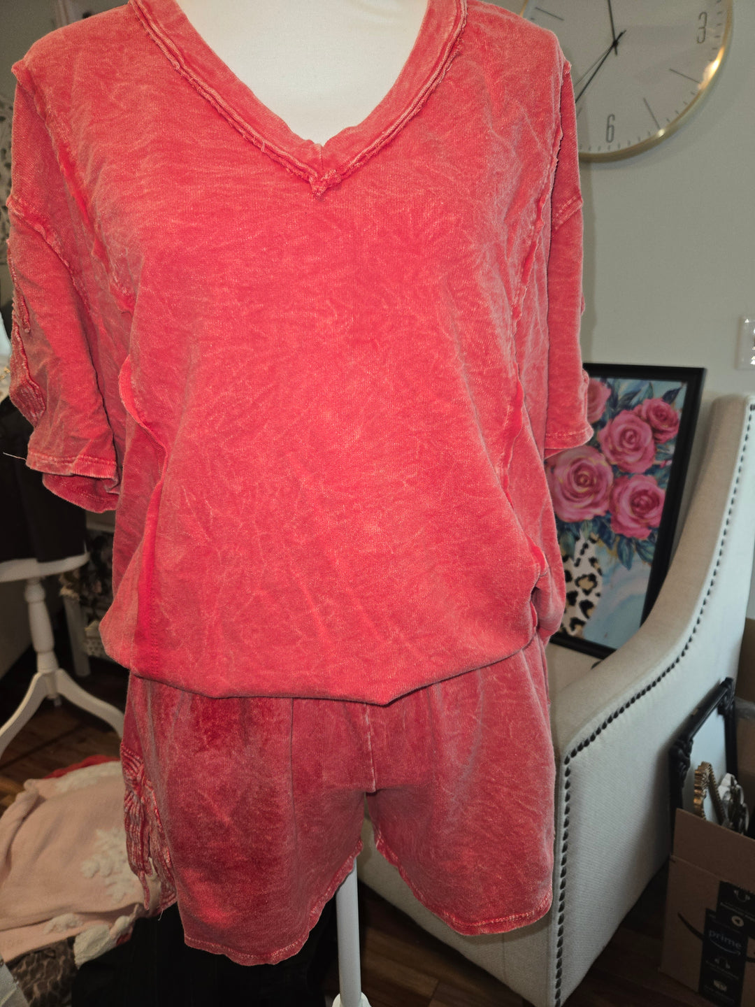 Mineral washed cute bow trim shorts and shirt set