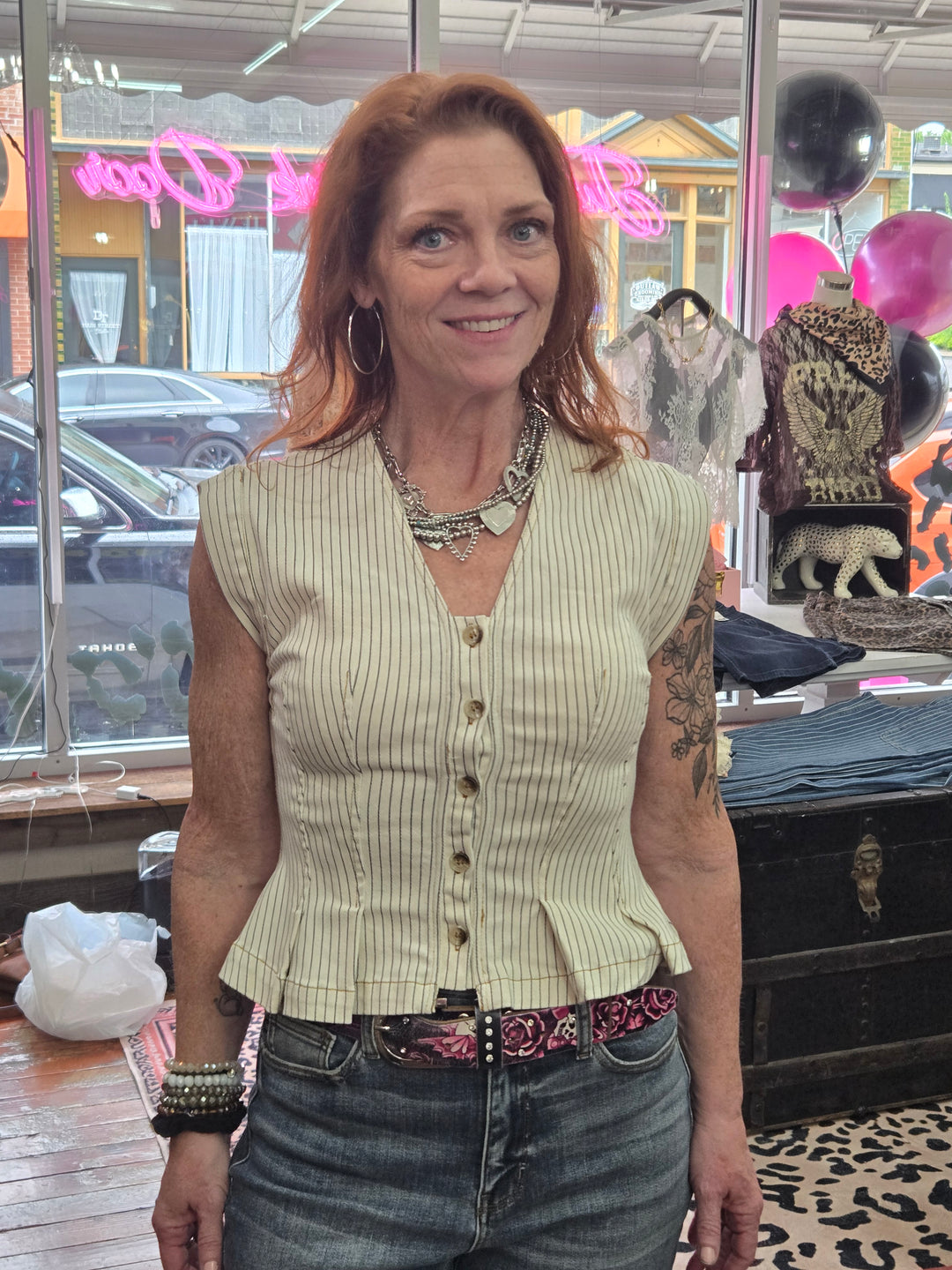 Striped pleated hem button-down top
