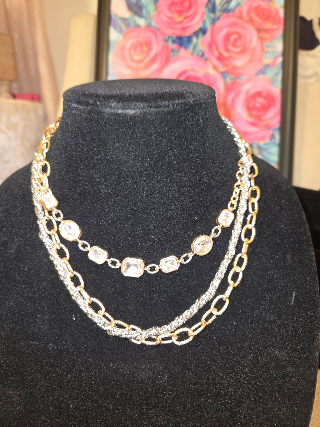 Gold and silver textured chains with Crystals