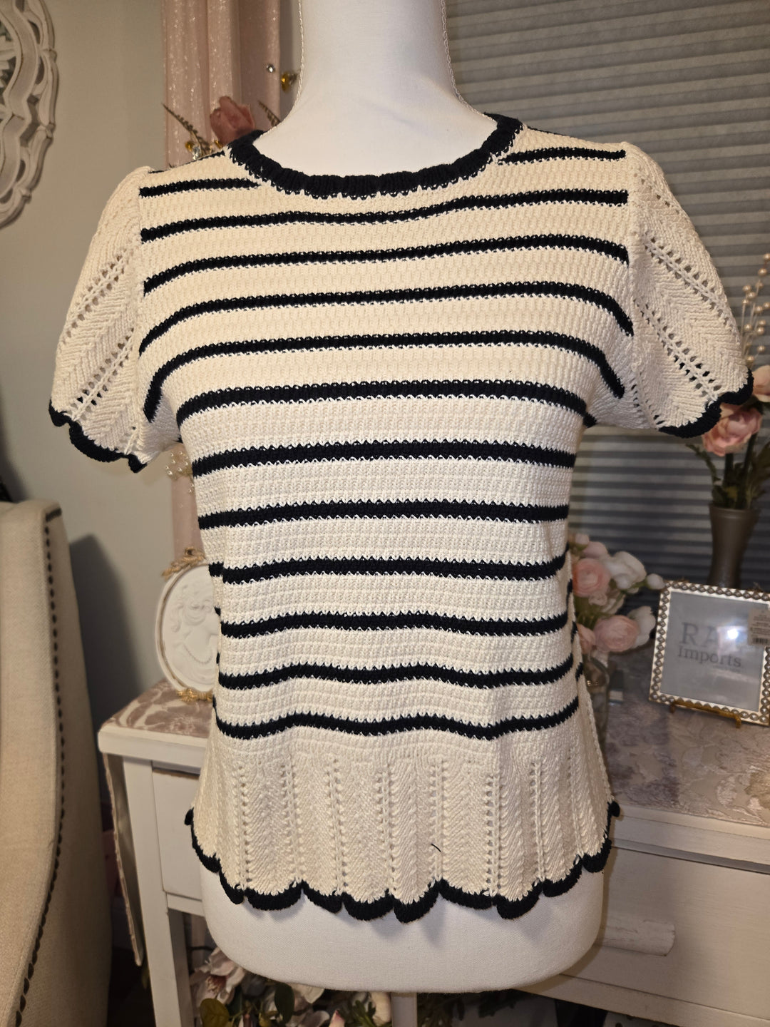 Striped crochet short sleeve sweater