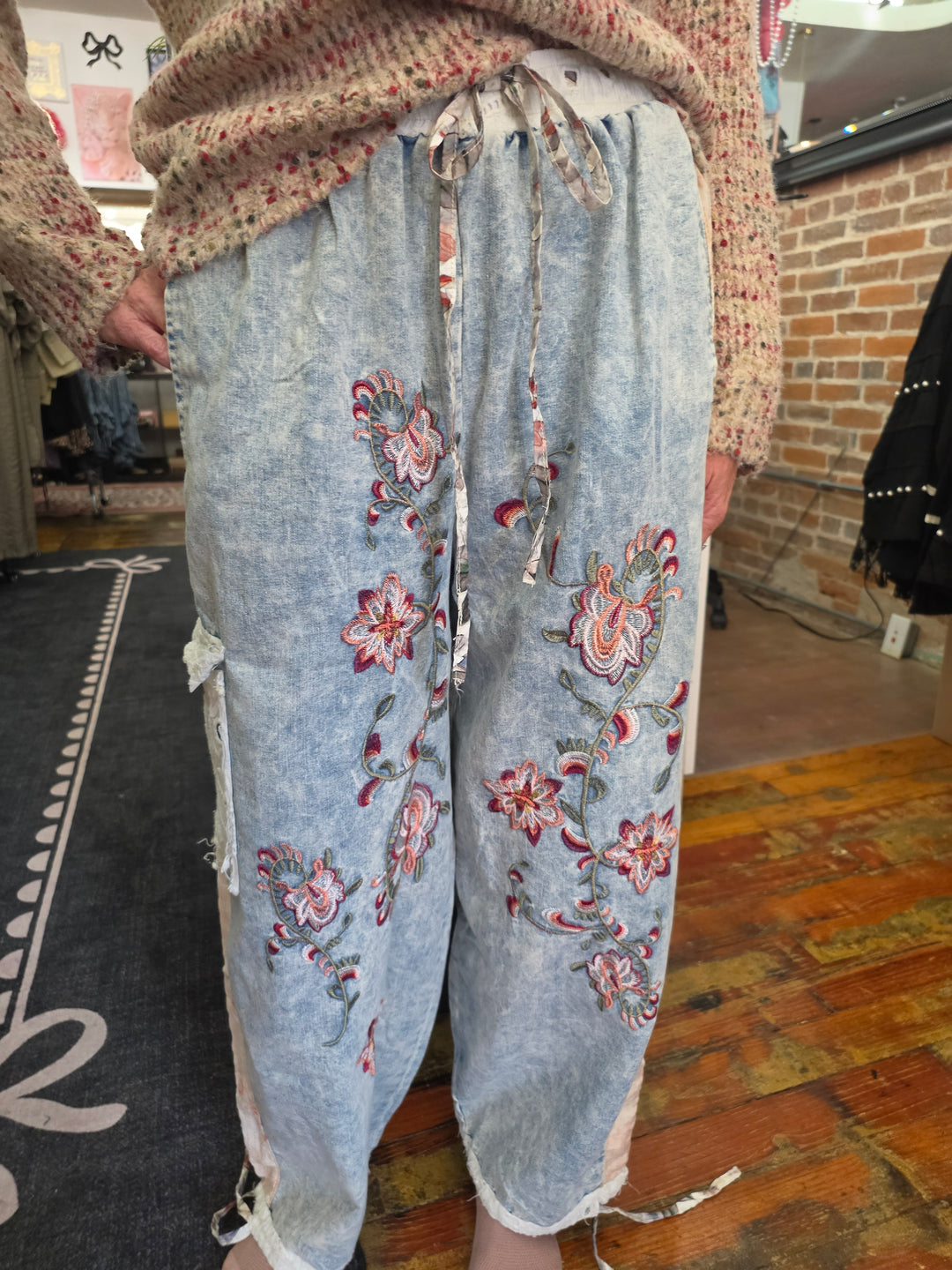 Embroidered denim joggers