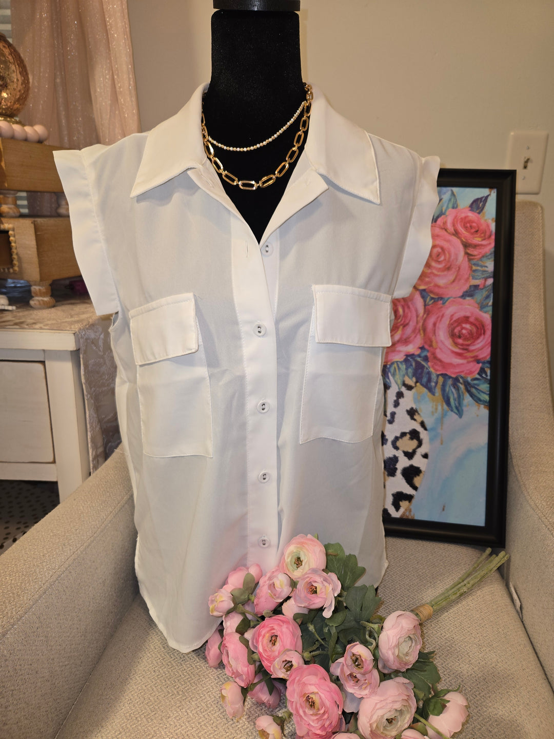 Front pocket button front sleeveless chiffon blouse-White