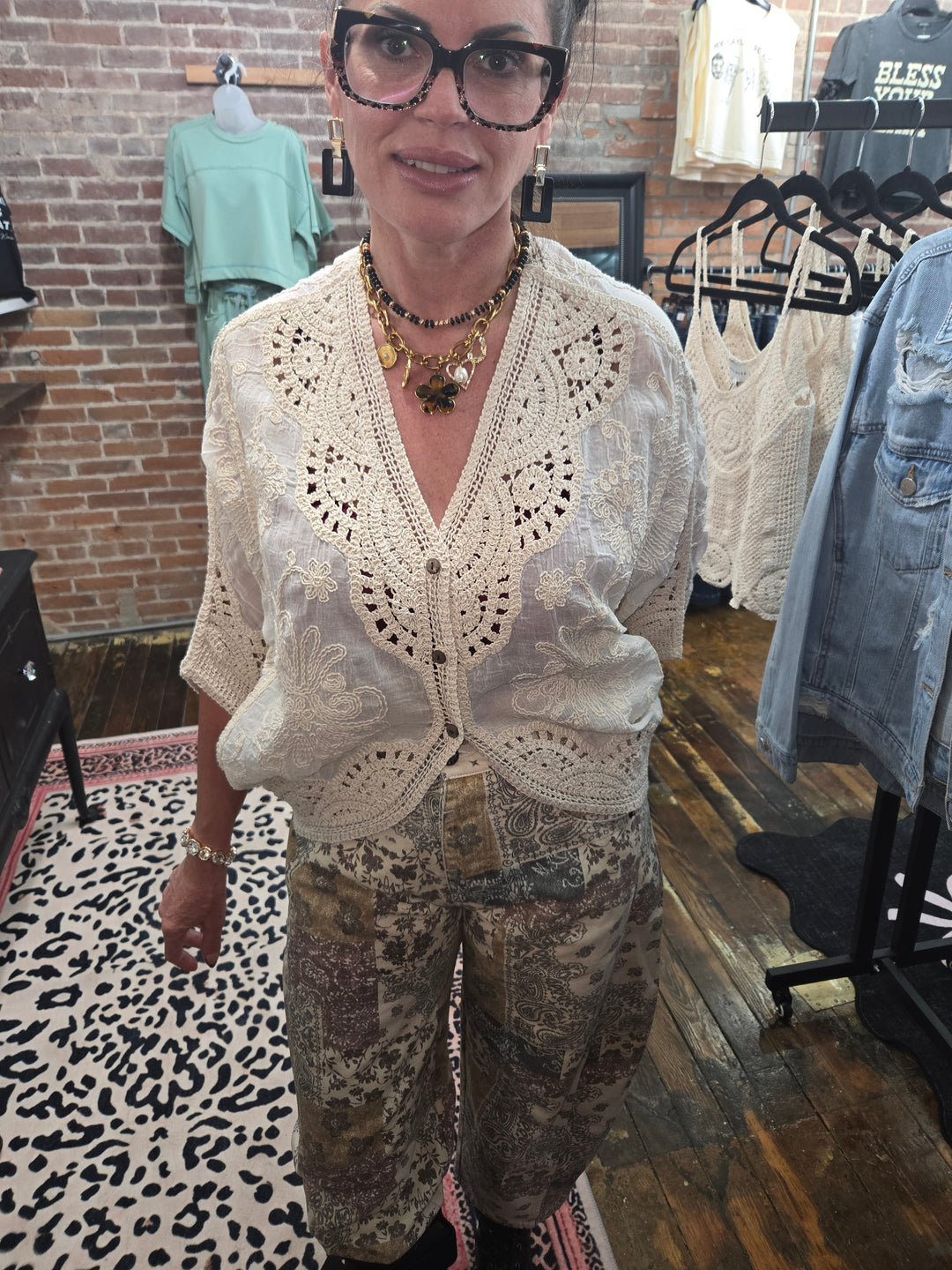 Floral embroidered lace button front top