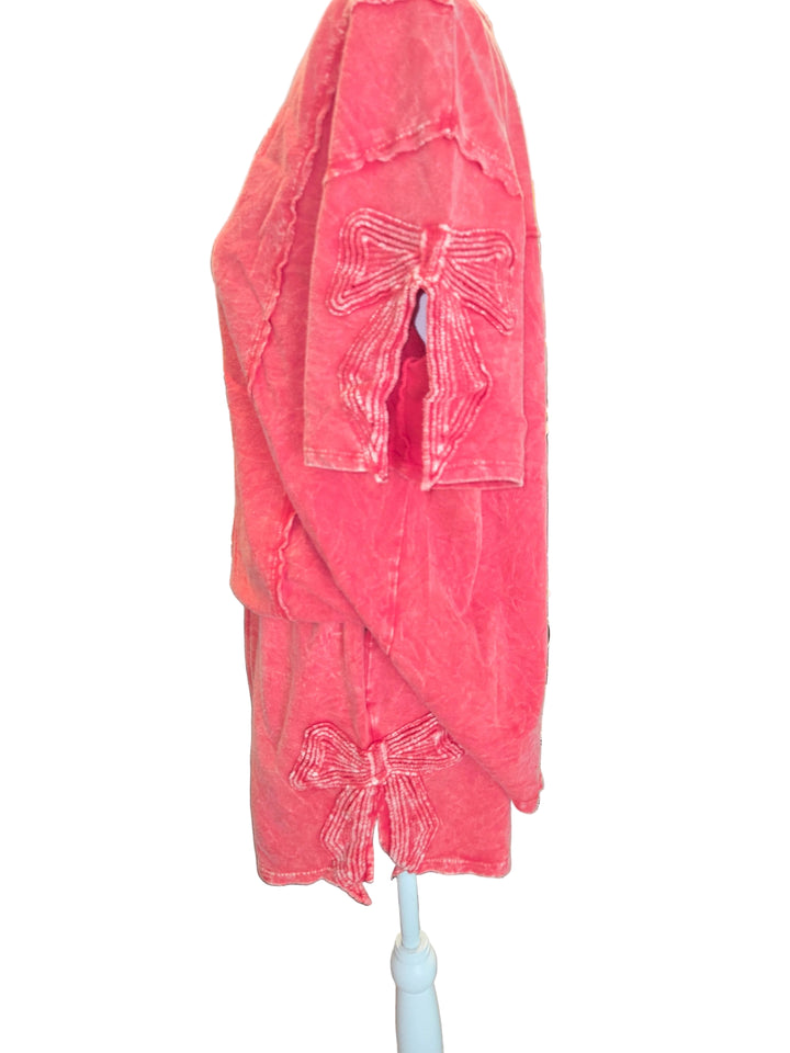 Mineral washed cute bow trim shorts and shirt set