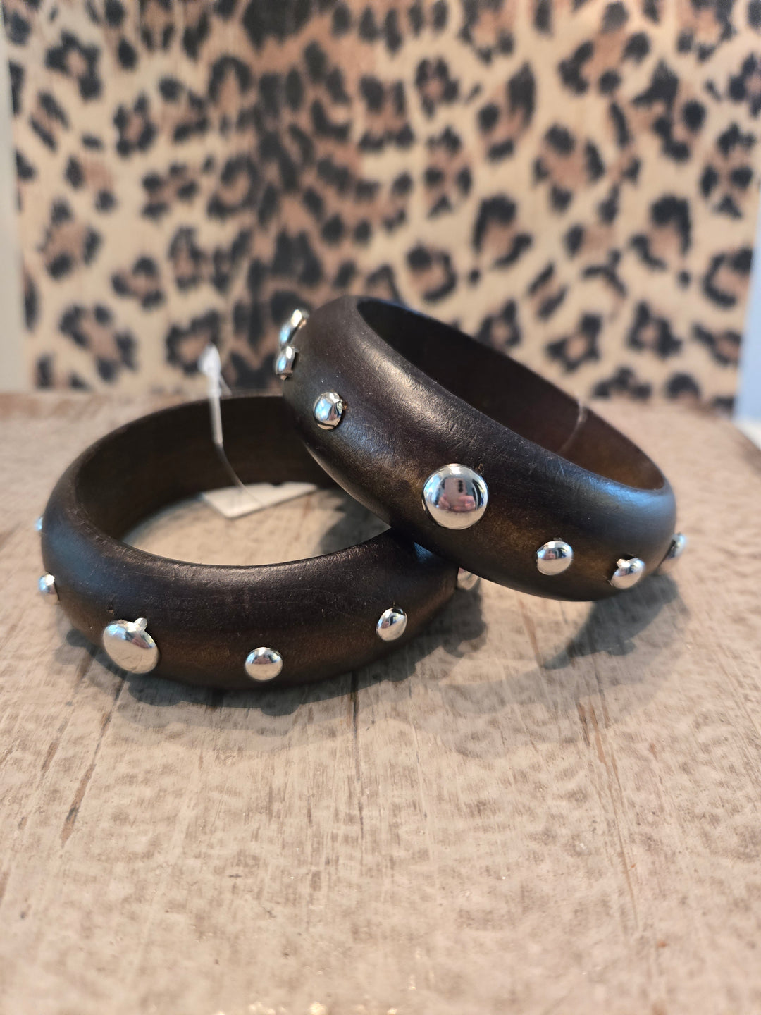 Wood bangle bracelet with silver studs