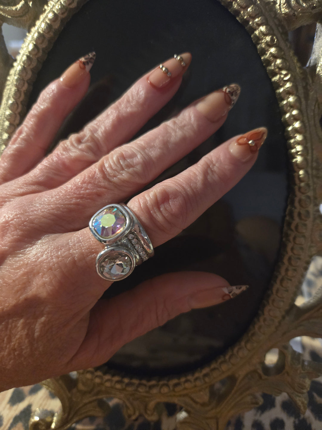 Double rhinestone silver stretch ring