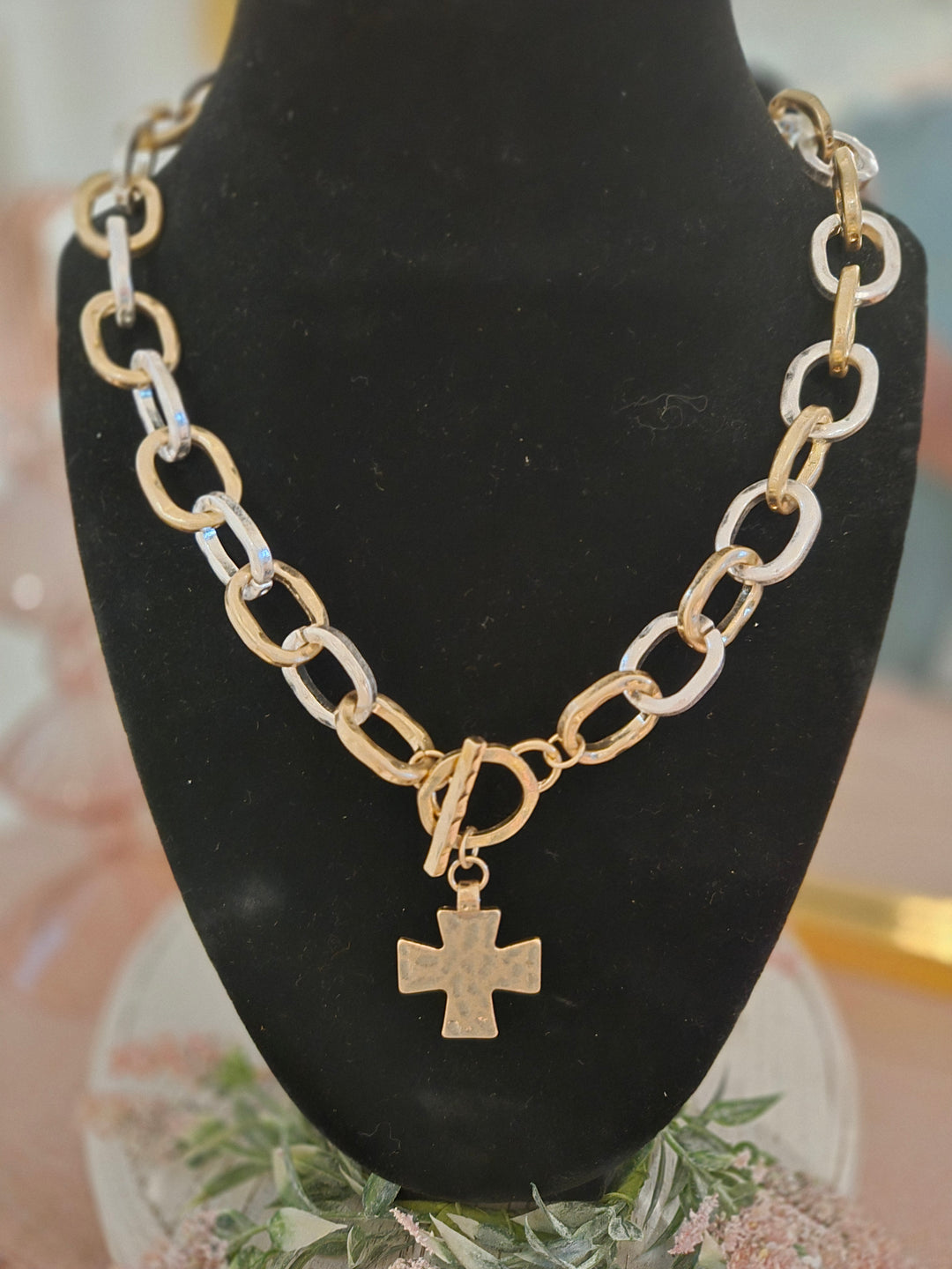 Worn silver and gold open chain with toggle and cross charm 18 in